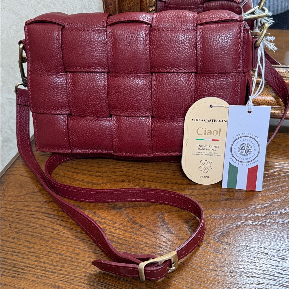 New Viola Castellani Genuine leather Maroon Woven Leather Italian Crossbody Bag.